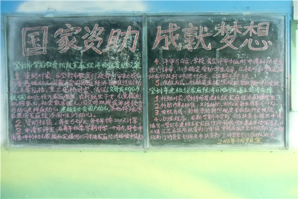 王园长做资助工作动员部署 《登封市学前教育阶段家庭经济困难幼儿资助政策》黑板报 家庭经济困难学生资助政策宣传版面 《登封市教育扶贫政策明白卡》 3月11日下午,唐庄镇精英幼儿园在园务办公室召开了2018年春季学期学前资助工作宣传发动动员会,幼儿园全体教师参加会议,会议由王秀娥园长主持。 会上分管资助工作的李主任传达了唐庄镇中心学校资助工作会议精神,他从宣传发动、摸底排查、收集申请材料、初定资助名单、评审、公示等方面做了详细说明。之后,王园长向全体与会人员提出了明确要求,要求各班主任充分利用班级